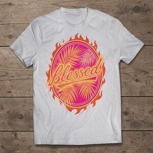Gildan White Tee with Pink, Orange and Yellow 'Blessed' Graphic